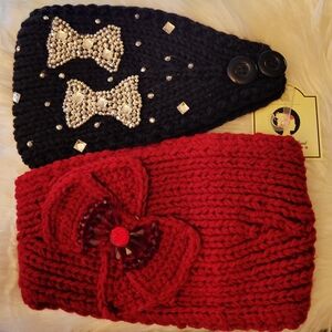Stylish Women's Blinged  Black and Red Knitted Headbands, With Rhinstones Bows